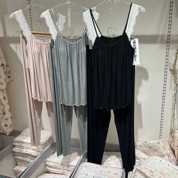 7610甜美性感吊带睡衣女无袖长裤带胸垫一体家居服夏季薄款