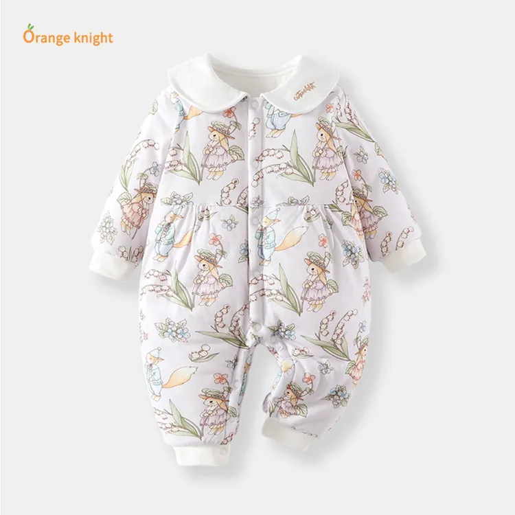 童装宝宝衣服冬季厚款夹棉连体哈衣新生婴儿外出服萌兔印花长爬服