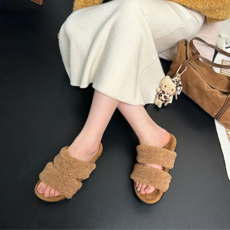 Tagabe韩版法式温柔秋冬季新款勃肯时尚外穿博肯一字毛毛拖鞋女
