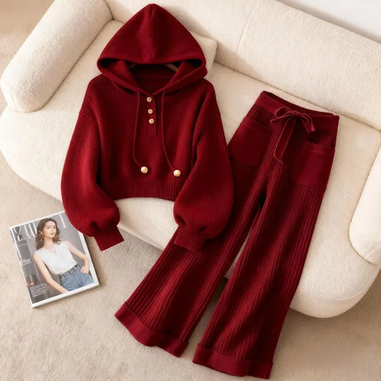 慵懒风洋气时尚百搭红色针织卫衣女款秋季高腰小个子阔腿裤两件套