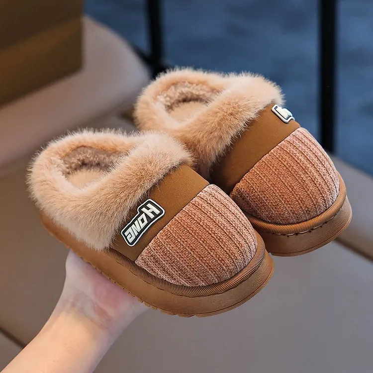 亲子冬季新款棉拖鞋小中大童可爱室内加绒保暖防滑软底儿童毛拖鞋