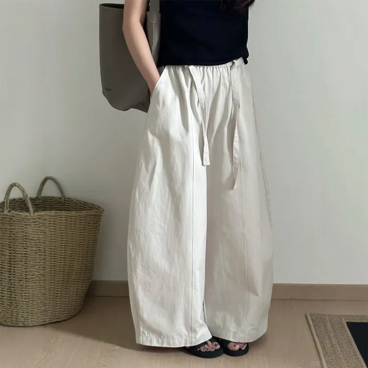 松弛感茶白色抽绳阔腿弯刀裤女秋季大码胖MM小个子宽松显瘦休闲裤