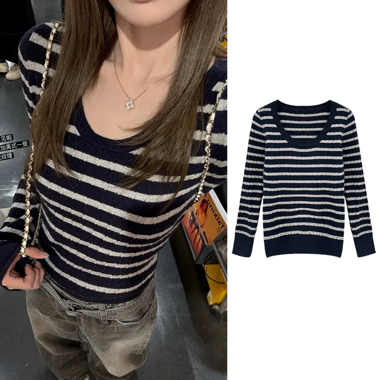 2451#秋冬款美高学院风条纹细麻花针织套头衫内搭修身辣妹女上衣