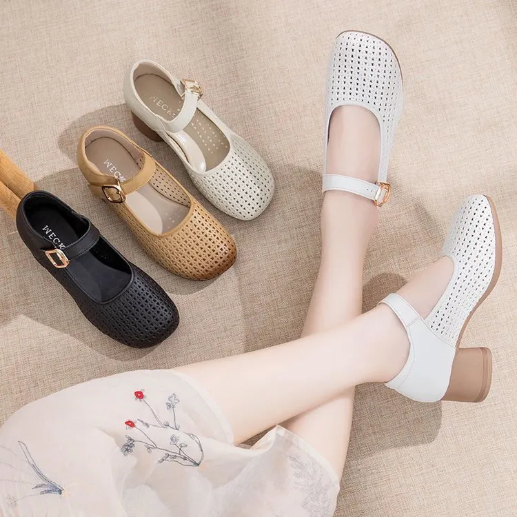 中跟洞洞鞋时装凉鞋夏季镂空凉鞋网面凉鞋欧若精灵风包头透气