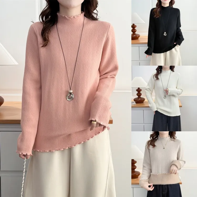 大码胖mm秋冬新款加绒毛衣女半高领木耳边加厚保暖打底针织衫2328