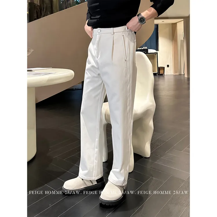 APENG冬季 『纯棉加绒』立体褶位高级质感保暖直筒休闲裤#7849