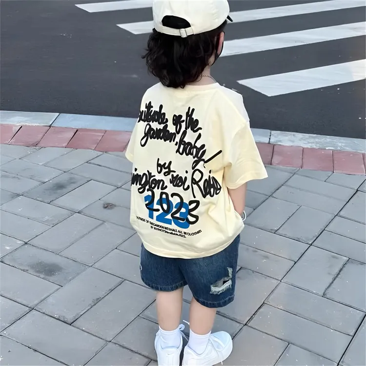 百搭短袖卡通风印花男女通用男T恤女童夏季洋气休闲运动小童宽松