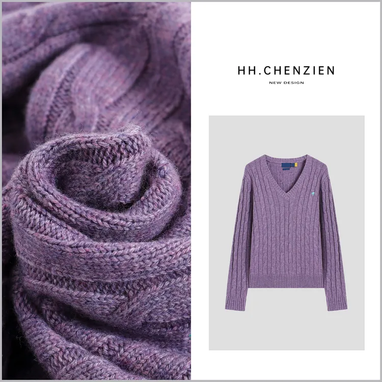 【黑黑家】冬季新款女款V领绞花编织小标设计针织衫上衣