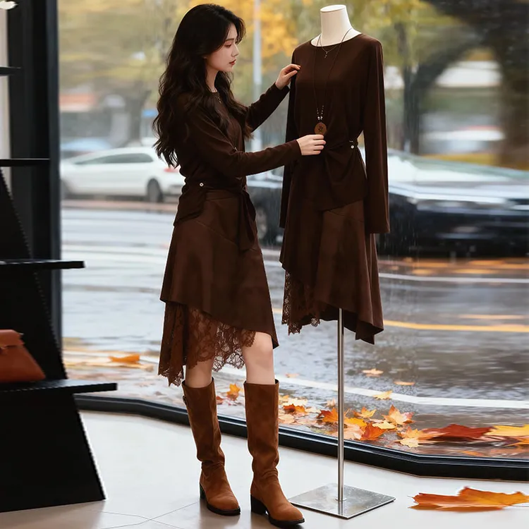 时尚遮肉显瘦针织上衣女士2025秋季新款不规则蕾丝拼接半身裙套装