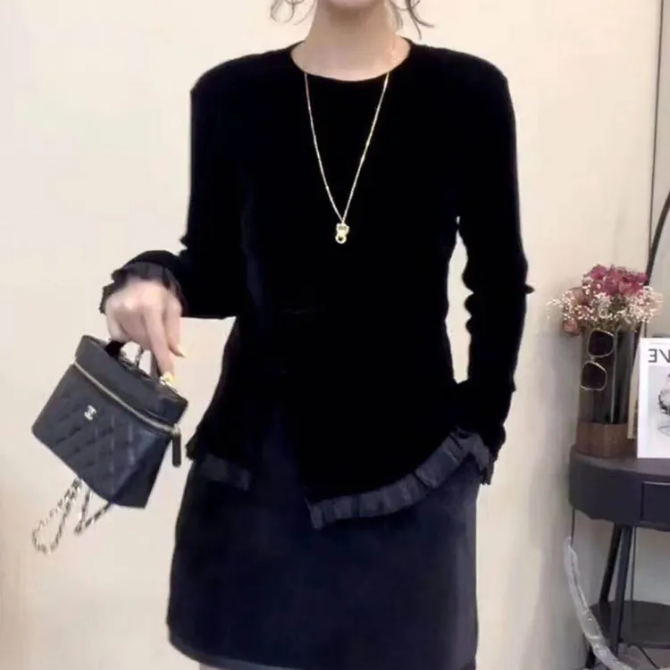 剪刀杈花边丝绒衫3537HJZDQ