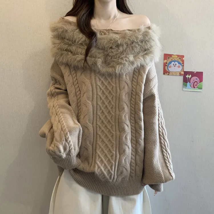 慵懒氛围感一字领麻花毛衣女大码胖mm秋冬巨好看毛毛领针织衫上衣