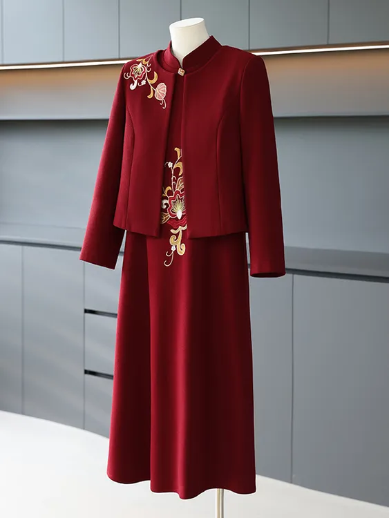 喜婆婆喜妈妈婚宴装礼服裙秋季贵夫人高贵外套红色连衣裙两件套女