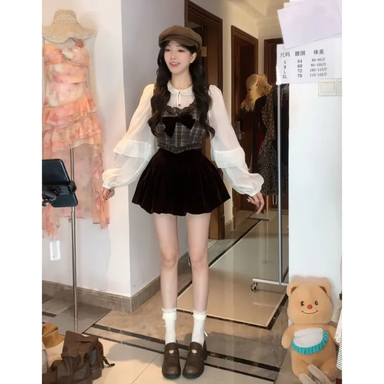 蝴蝶结格纹马甲背心叠穿衬衫上衣时尚套装女秋季丝绒半身裙三件套