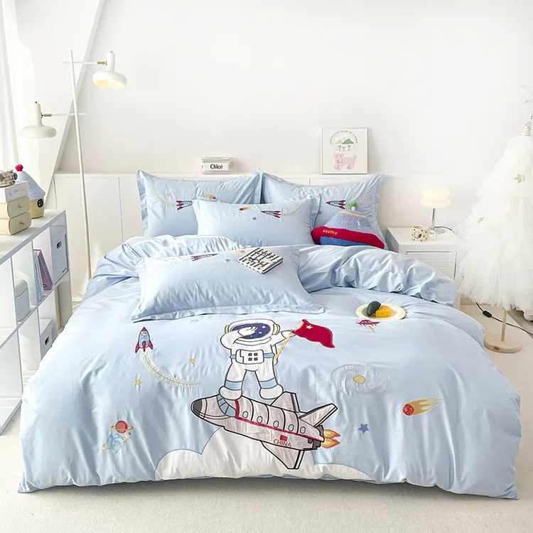 宇航员床单全棉高端贴布绣四件套可爱卡通纯棉刺绣学生被套四件套