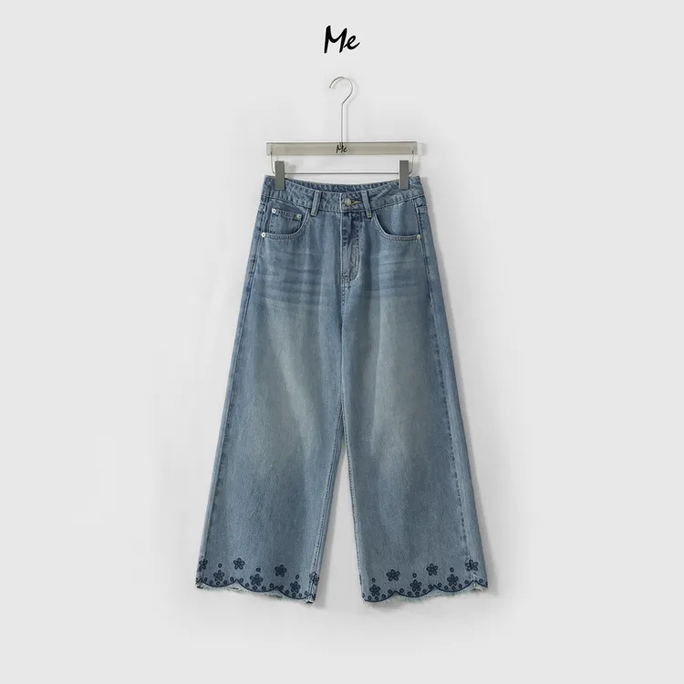 ME【毛边飘花九分蓝牛】天丝混纺高腰显瘦水洗磨白牛仔裤MESS6278