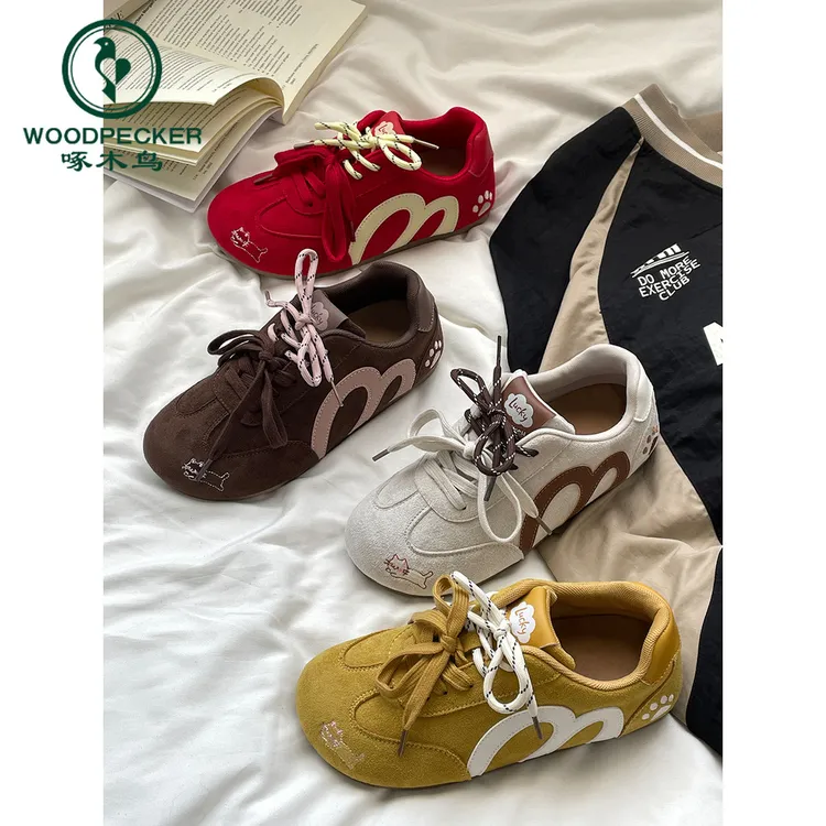 啄木鸟小众设计刺绣德训鞋女2025秋冬季新款内增高复古软底运动鞋