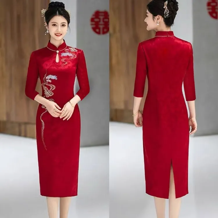 喜婆婆礼服高端连衣裙新款醋酸旗袍短袖款年轻妈妈婚宴装红色喜服