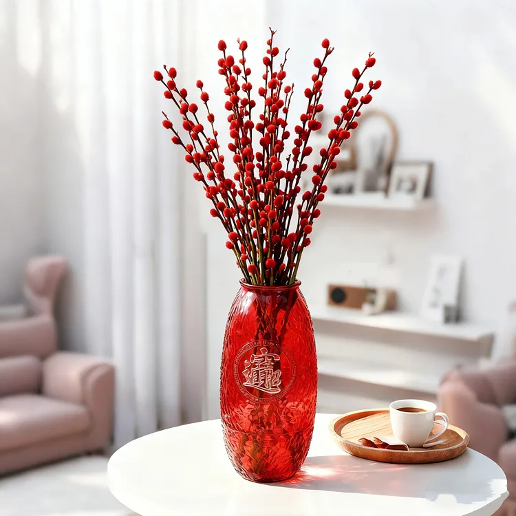 红色招财银柳年宵花玻璃花瓶摆件室内客厅水培花卉装饰鲜花干花