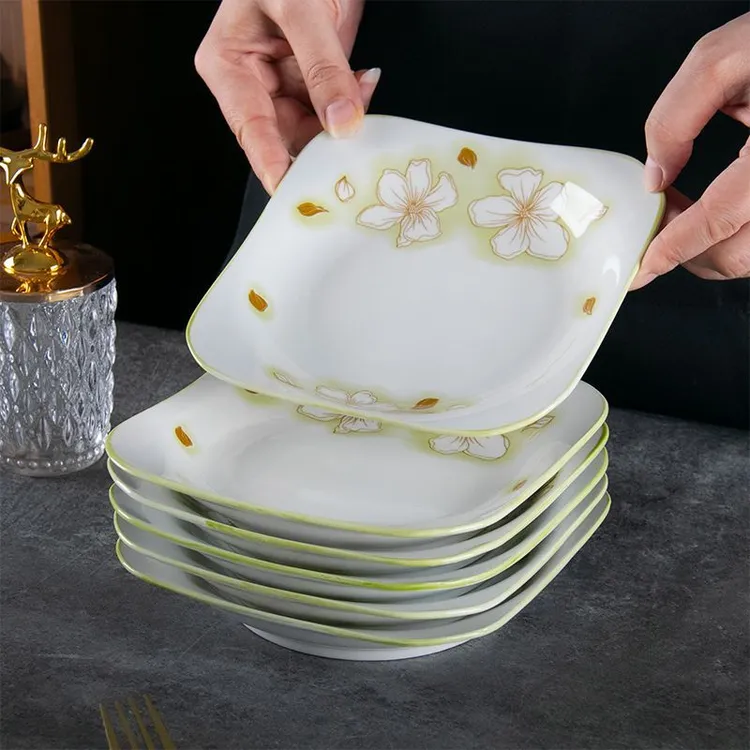 7英寸黄金叶如意盘方盘子家用四方形轻奢釉下彩菜盘汤盘沙拉加厚