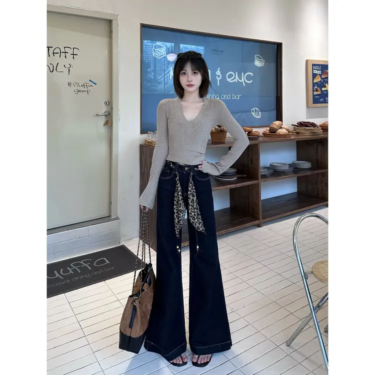 复古设计高腰不贴腿微喇牛仔裤女2025年秋季新款宽松显瘦拖地长裤