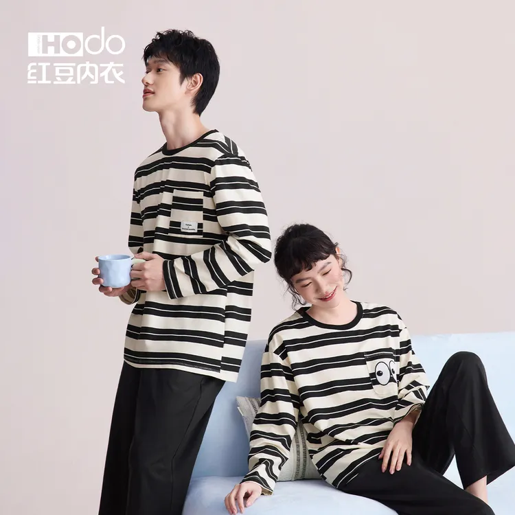 红豆纯棉情侣长袖睡衣圆领套头条纹休闲大码可外穿家居服套装春季