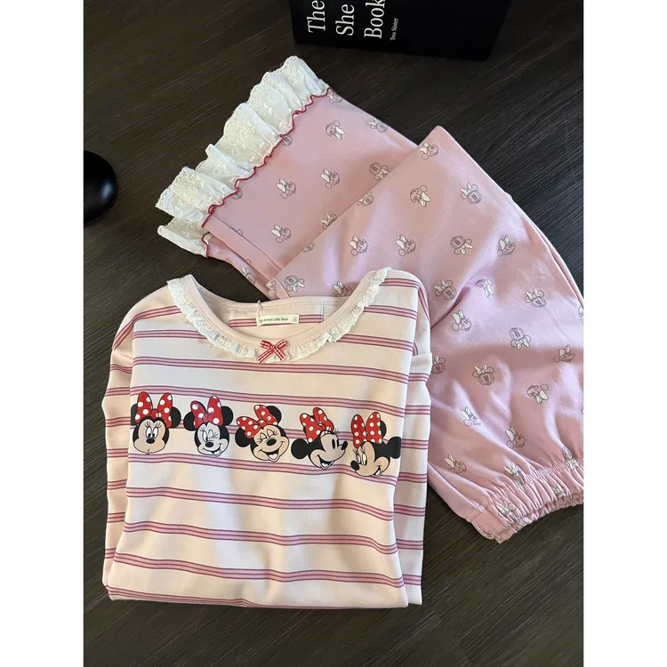 可爱简约撞色条纹米奇睡衣女春秋季新款长袖长裤家居服套装可外穿