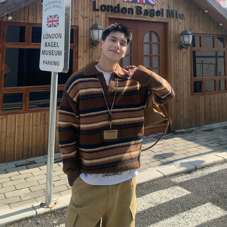 Holocene美式潮牌撞色条纹Polo领毛衣秋冬慵懒宽松针织衫990958