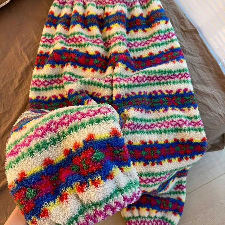 甜美少女费尔岛彩色条纹珊瑚绒睡裤女冬季加绒加厚保暖家居长裤