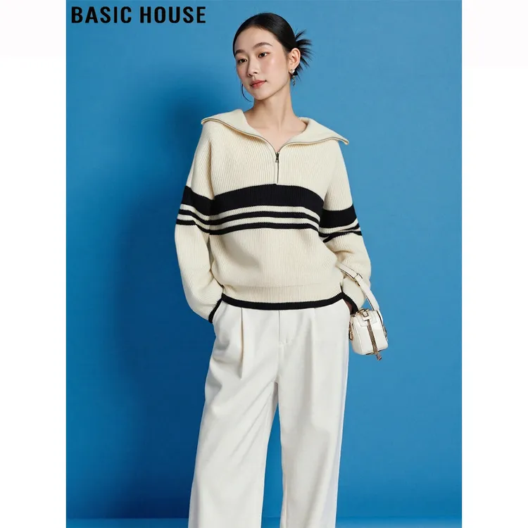 Basic House/百家好慵懒风半拉链翻领毛衣女2025秋冬条纹针织上衣