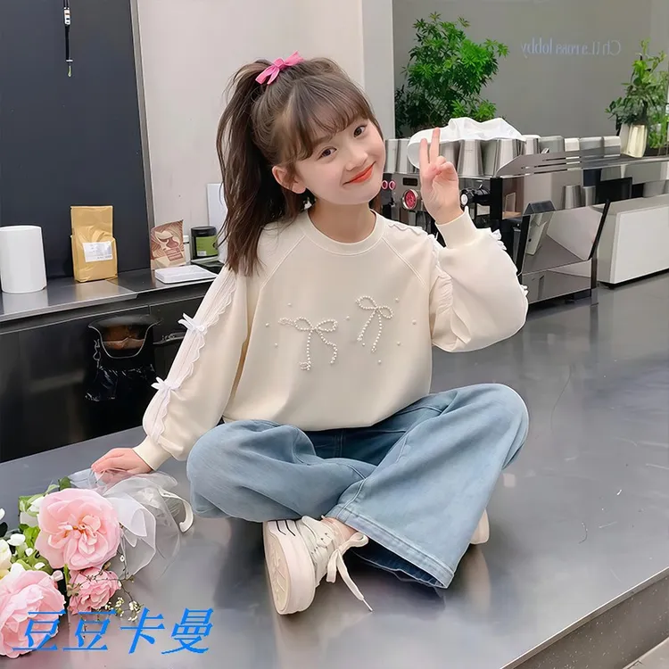 女童卫衣春秋2025新款儿童长袖圆领上衣女大童秋季蝴蝶结打底衫
