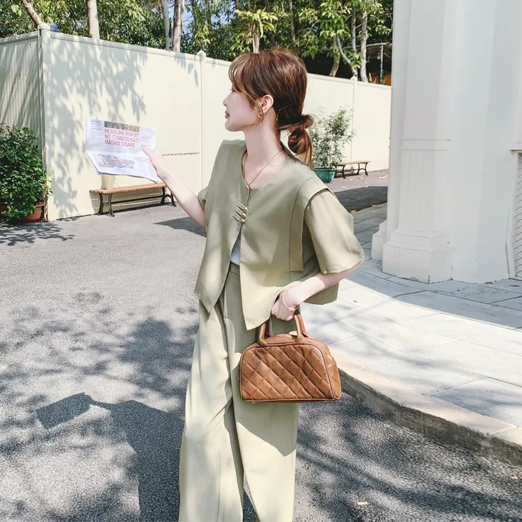 新中式盘扣西装阔腿裤套装2025女夏新款高级感小众流行显瘦两件套