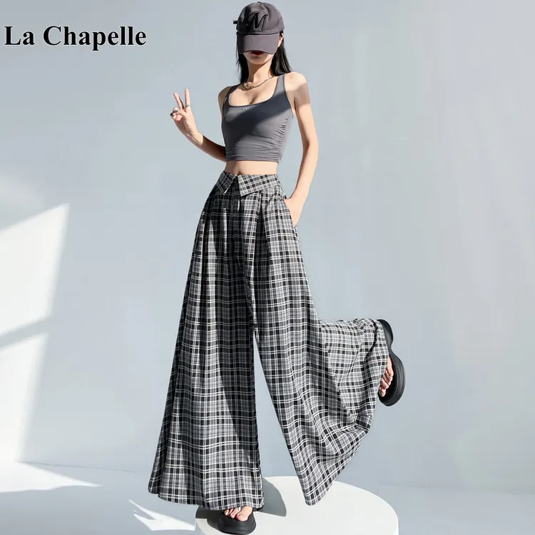 拉夏贝尔美式复古气质宽松小众格纹阔腿裤时髦显瘦2025夏季新女装