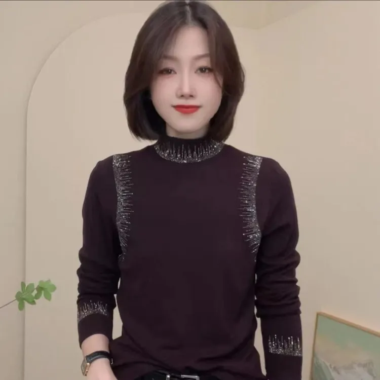 长袖烫钻女镂空烫钻长袖女士T恤百搭秋冬气质加绒