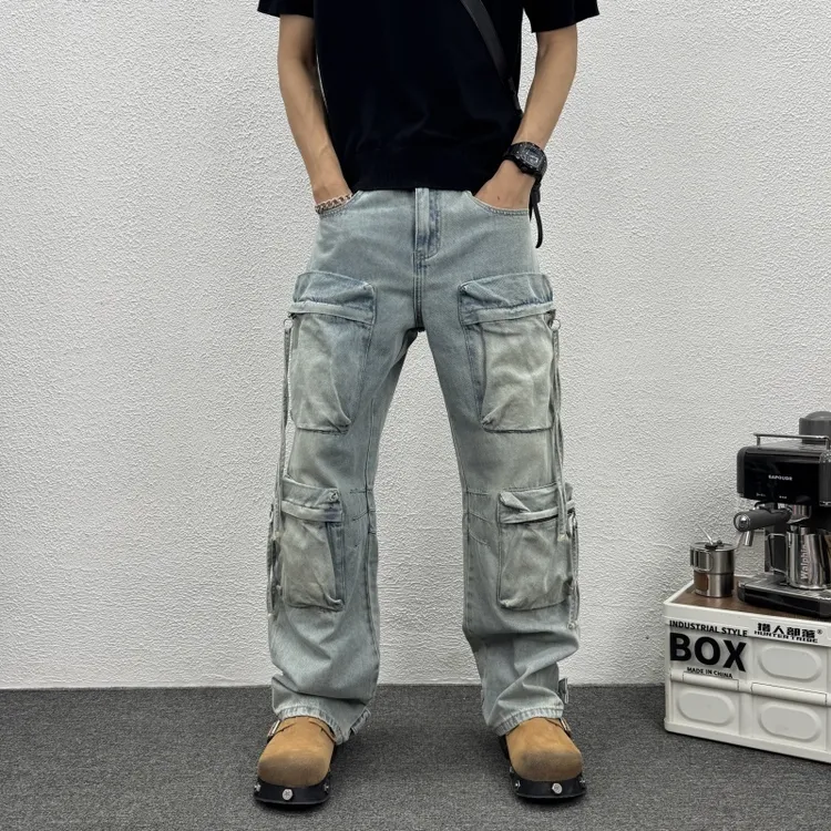 多口袋直筒纯色水洗牛仔裤秋季新款男士时尚简约百搭休闲工装长裤