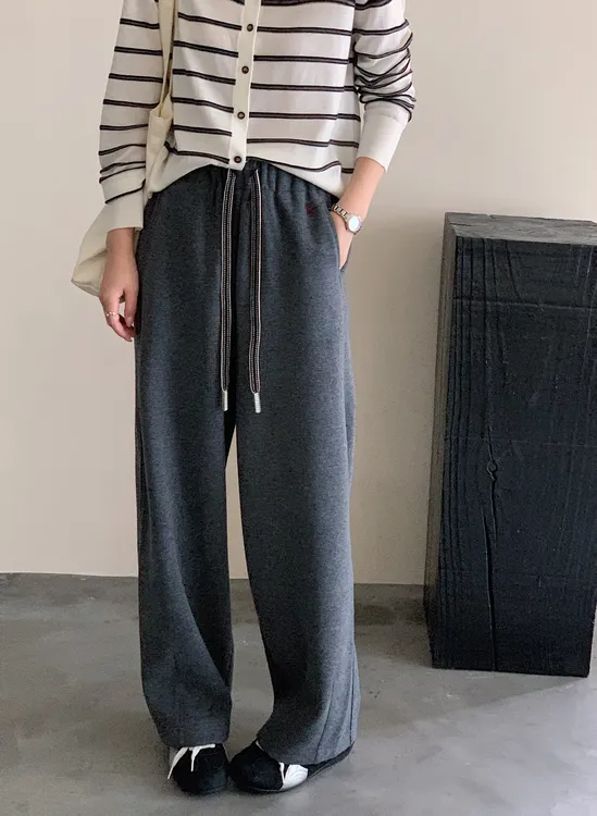 HELIANG休闲长裤阔腿裤厚款百搭秋冬丝羊毛弯刀抽绳刺绣裤宽松