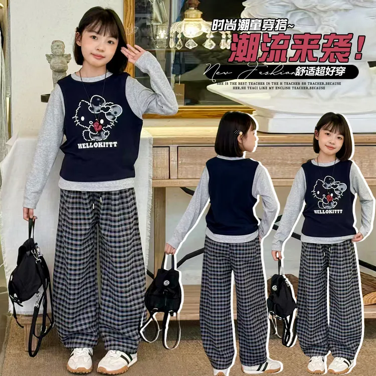 女童秋季套装2025新款猫咪印花假两件T恤儿童格子阔腿裤套装