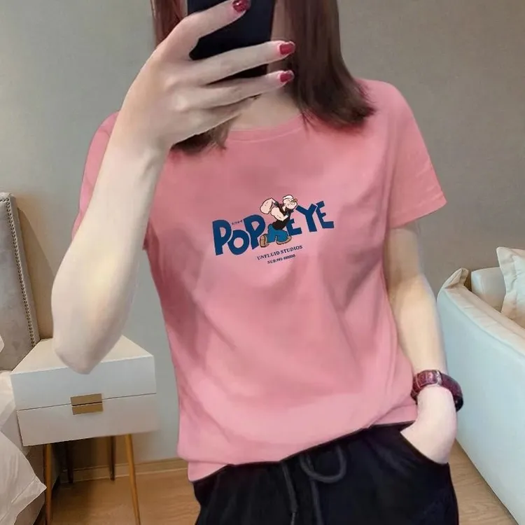 夏季时尚正肩上衣短袖t恤女款2025款洋气休闲圆领白色短袖t恤女款