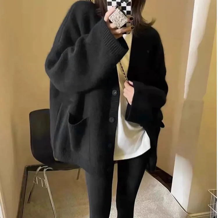 2025秋季黑色中长款奶fufu慵懒毛衣外套软糯针织衫宽松外搭开衫女