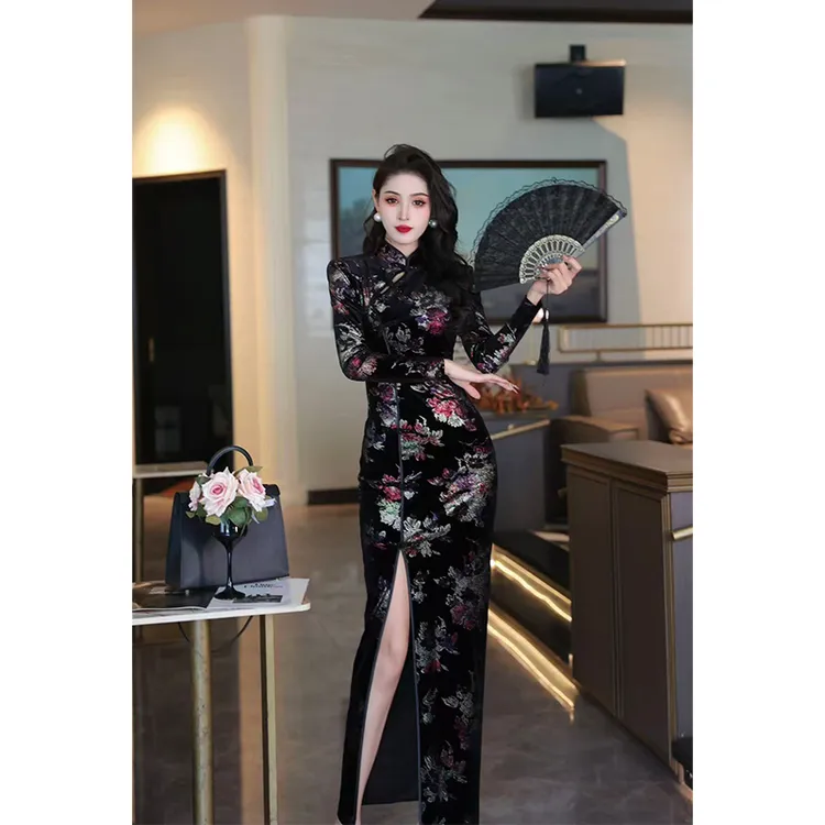 尤克菲儿 轻奢高定丝绒烫金印花气质优雅修身显瘦开叉高腰旗袍