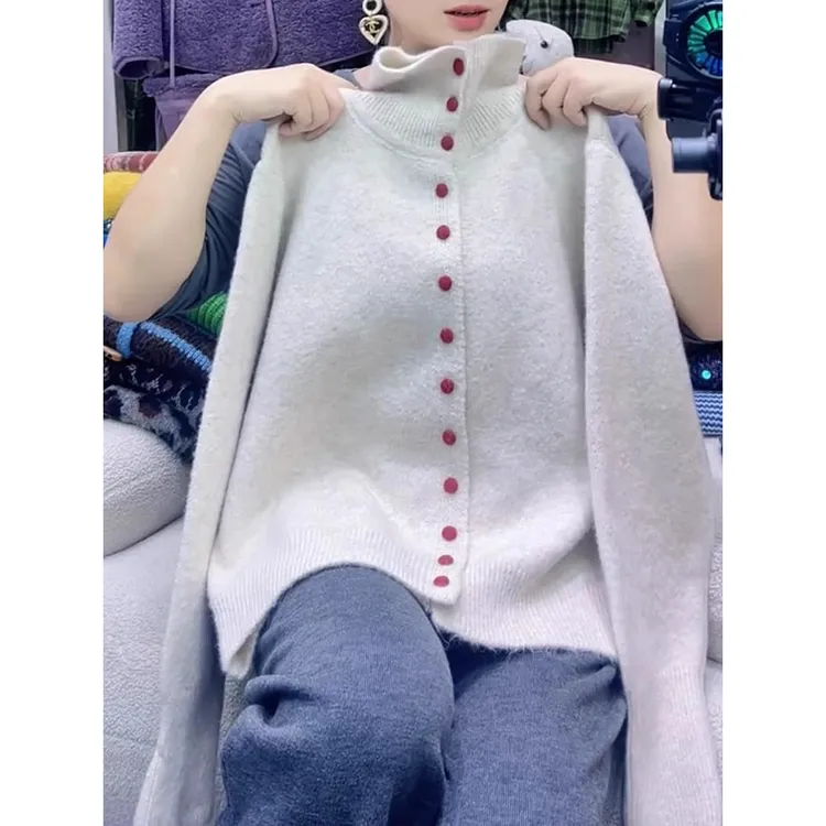 秋冬季新款2024年韩系休闲大码气质高领撞色排扣长袖针织开衫毛衣