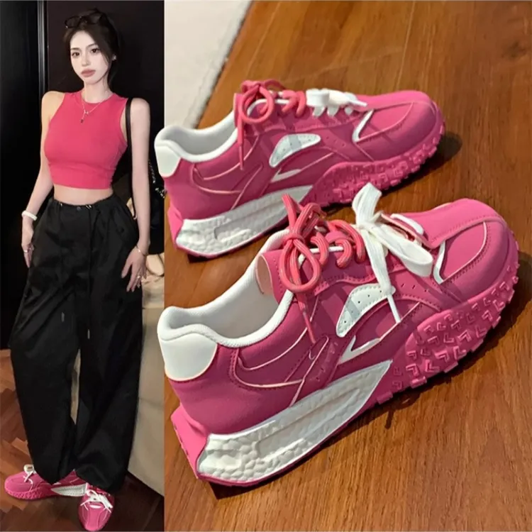 树莓粉厚底德训鞋女2025年春夏季新款时尚百搭休闲运动鞋子ins潮