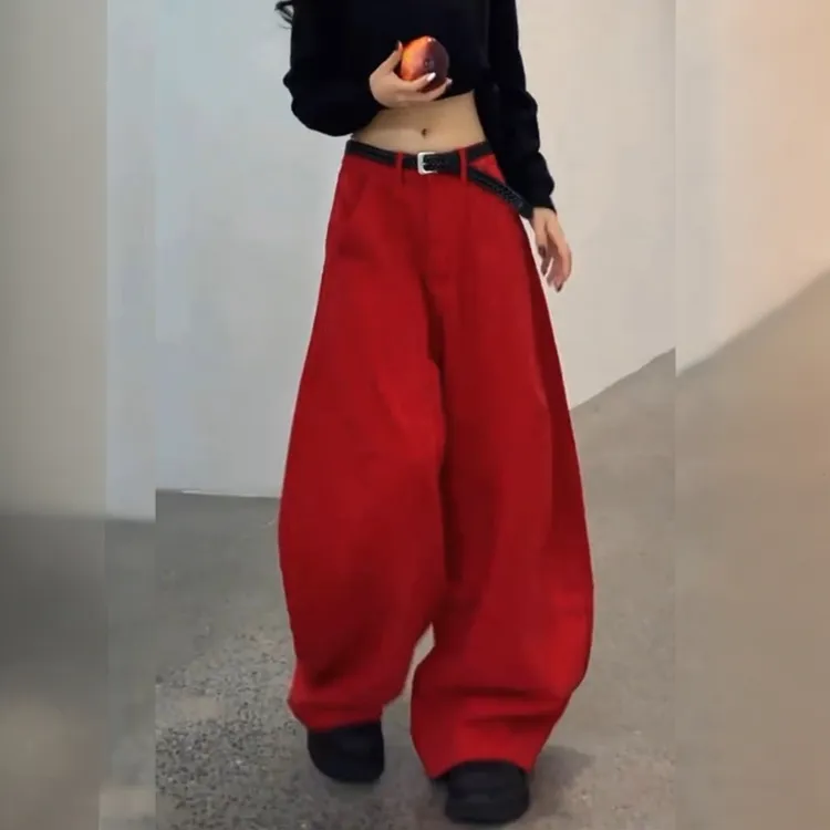美式高街红色阔腿牛仔裤女秋季新款高腰宽松显瘦百搭拖地弯刀裤子