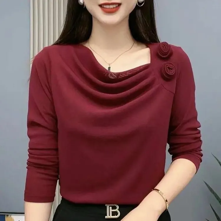 高档网纱褶皱花朵打底衫女春秋新款时尚洋气修身百搭T恤小衫上衣