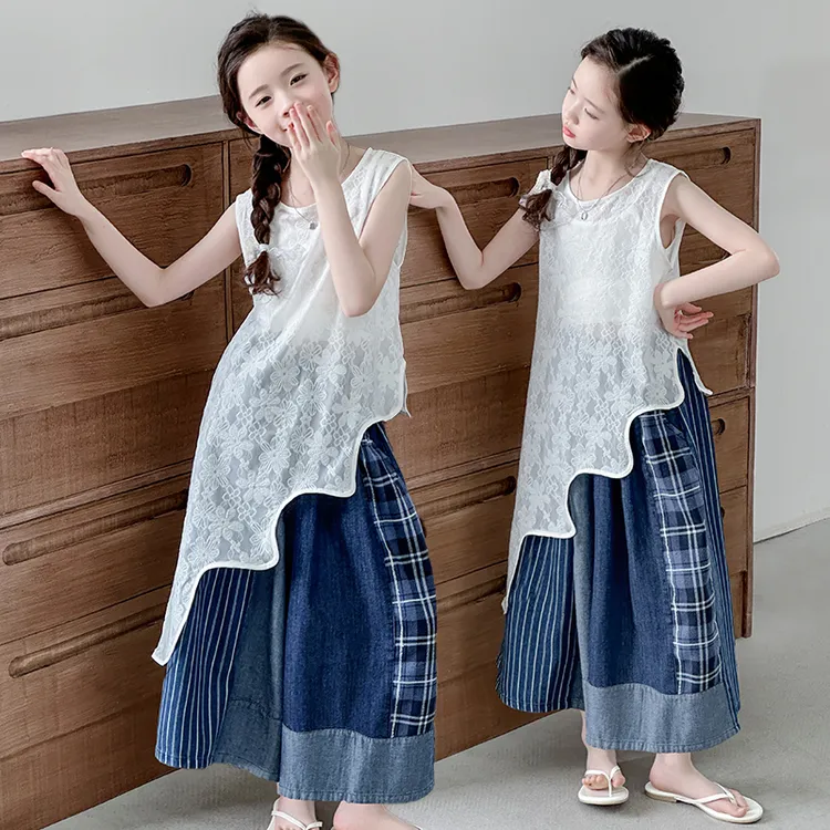 女童夏季套装2025新款中大童不规则罩衫背心阔腿裙裤洋气三件套潮