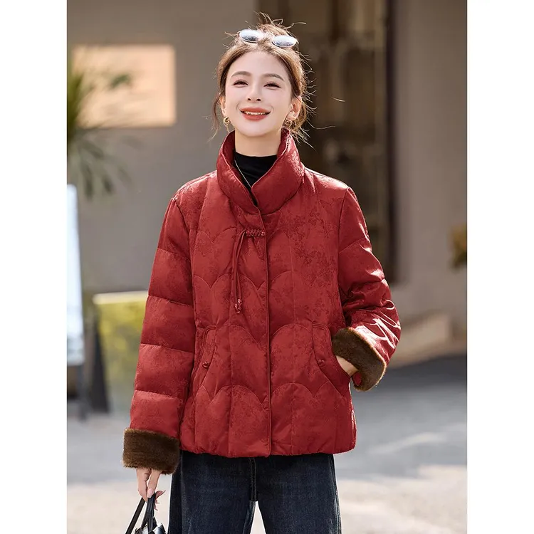新中式国风立领提花羽绒服女冬中老年洋气保暖白鸭绒外套短款袄子