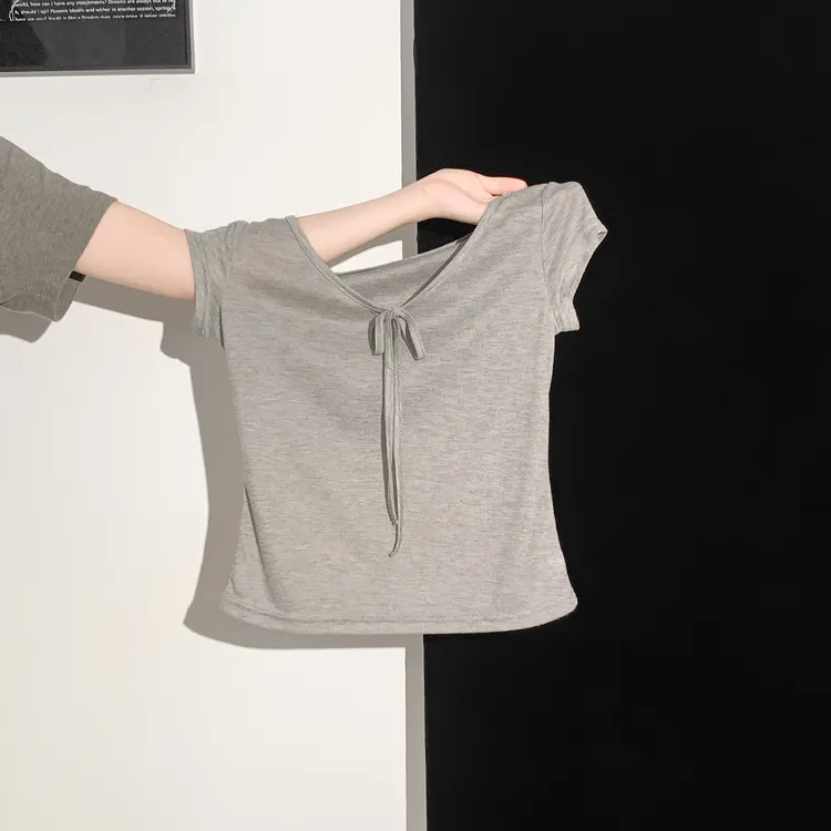 夏季新款甜辣妹系带浅灰设计感领口u领正肩短袖T恤女气质收腰上衣