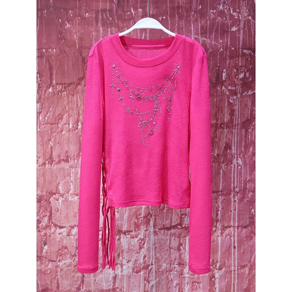 【韩哥女装】2025时装周秀场款洋红色纯欲风流苏烫钻修身爽肤衣8913