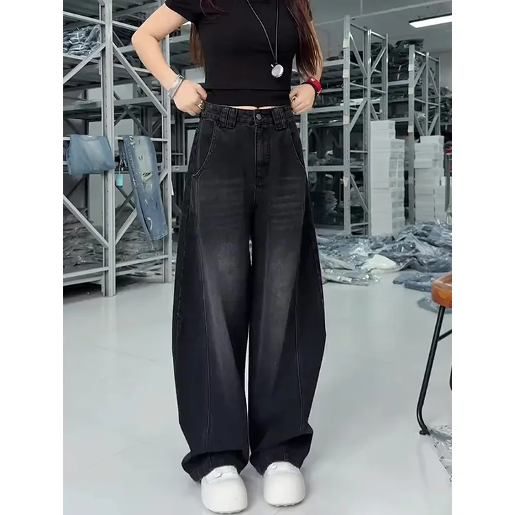 黑色弯刀牛仔裤子女大码胖mm显瘦梨型身材微胖穿搭高腰宽松阔腿裤