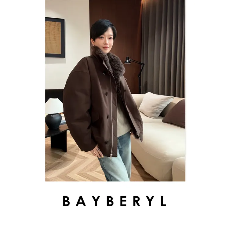 锁-BAYBERYL老贝派克*毛领工装保暖排扣休闲秋冬羽绒服PY5H1502-