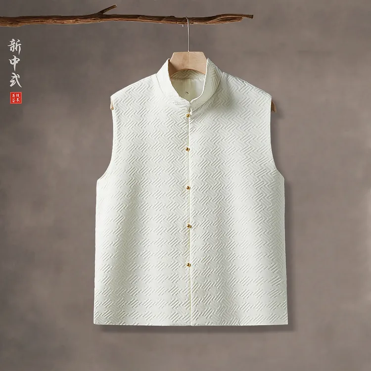 新中式春秋休闲提花无袖唐装男背心中国风宽松大码中山装夹克上衣